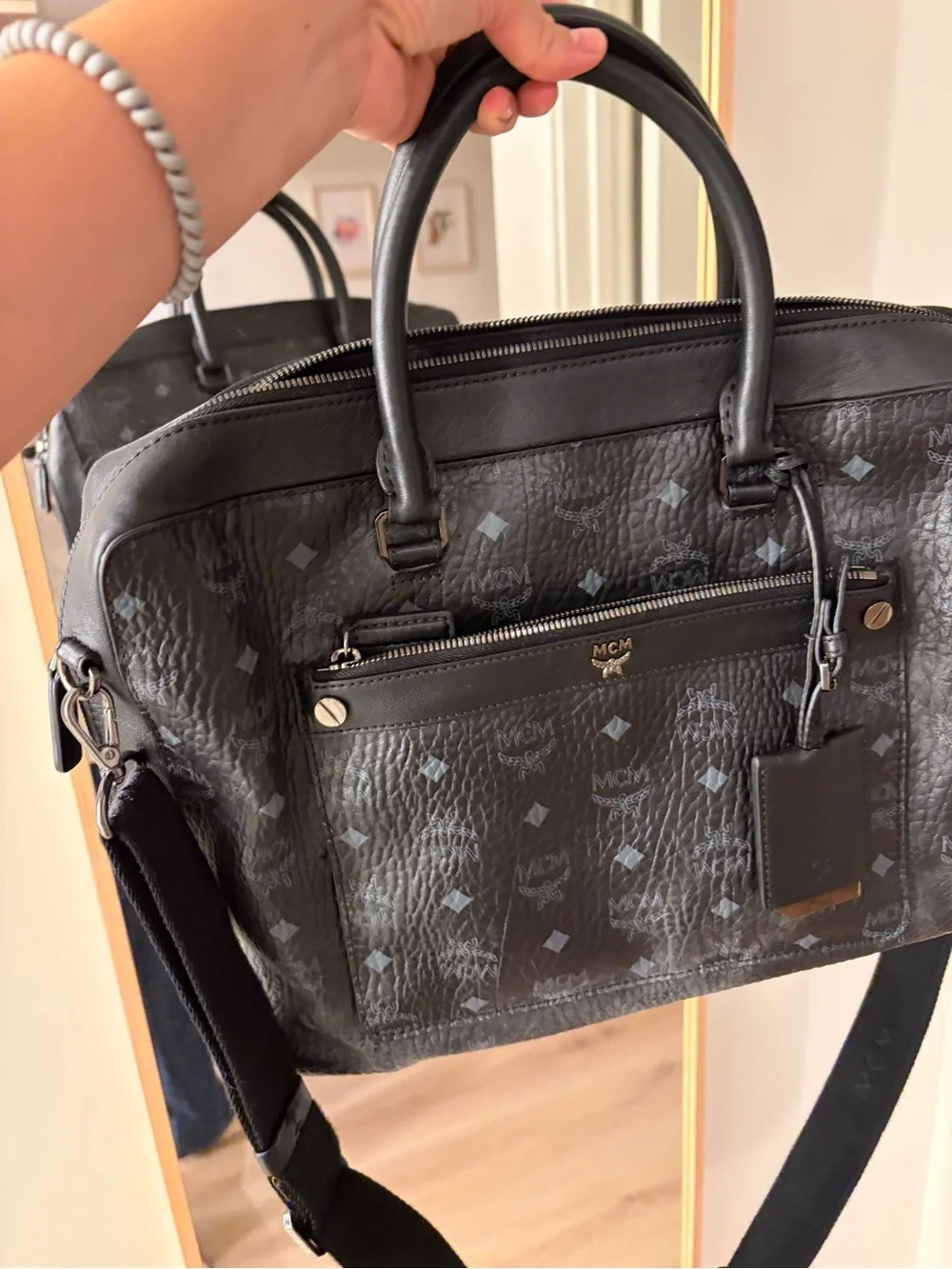 MCM Black Visetos Logo Leather Briefcase with Detachable Strap
